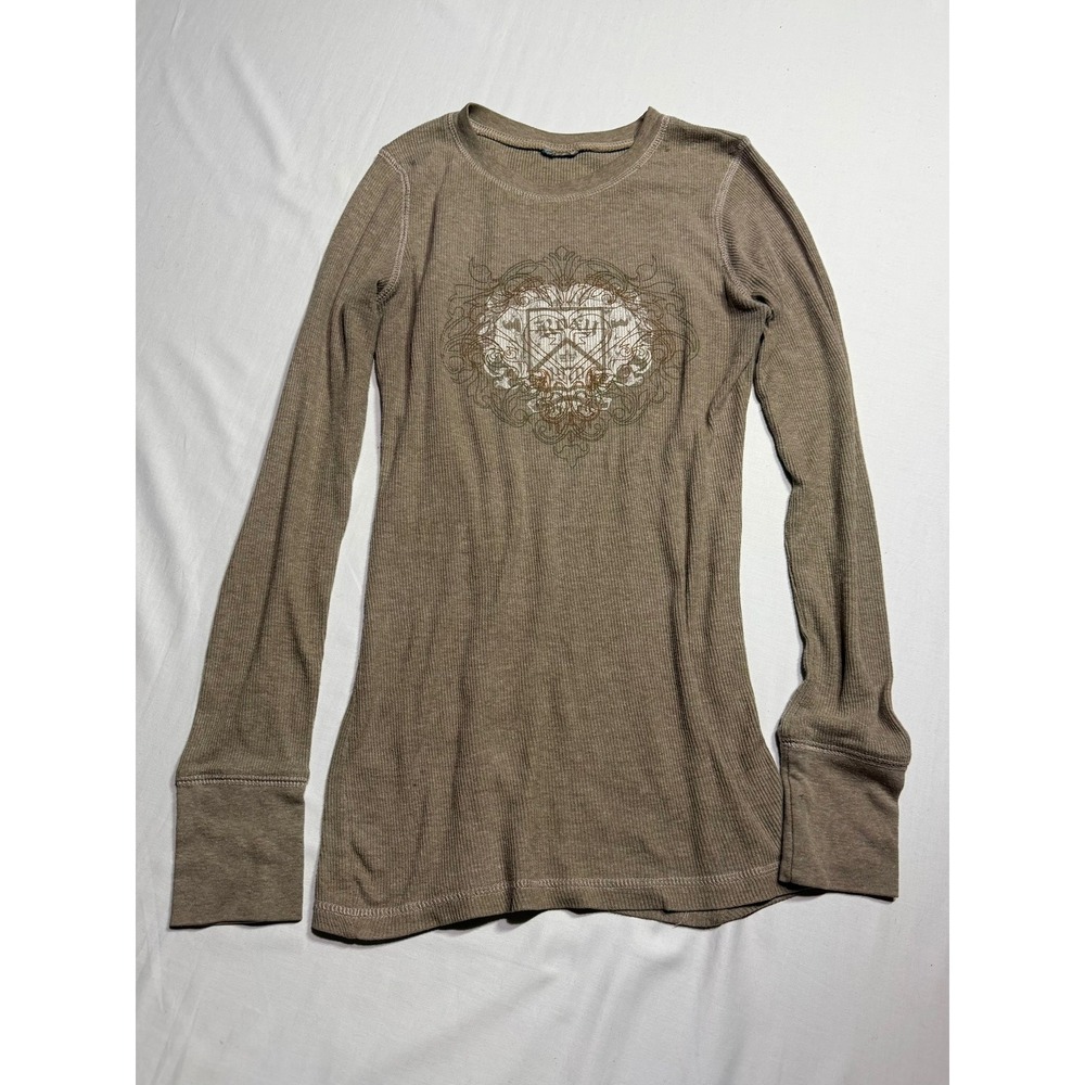 Roxy Y2K Olive Thermal Long Sleeve Graphic Shirt Boho Grunge